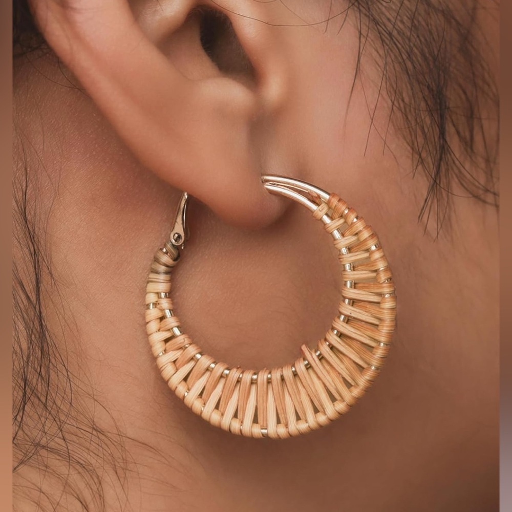 Woven Rattan Hoop Earrings, Natural Tan